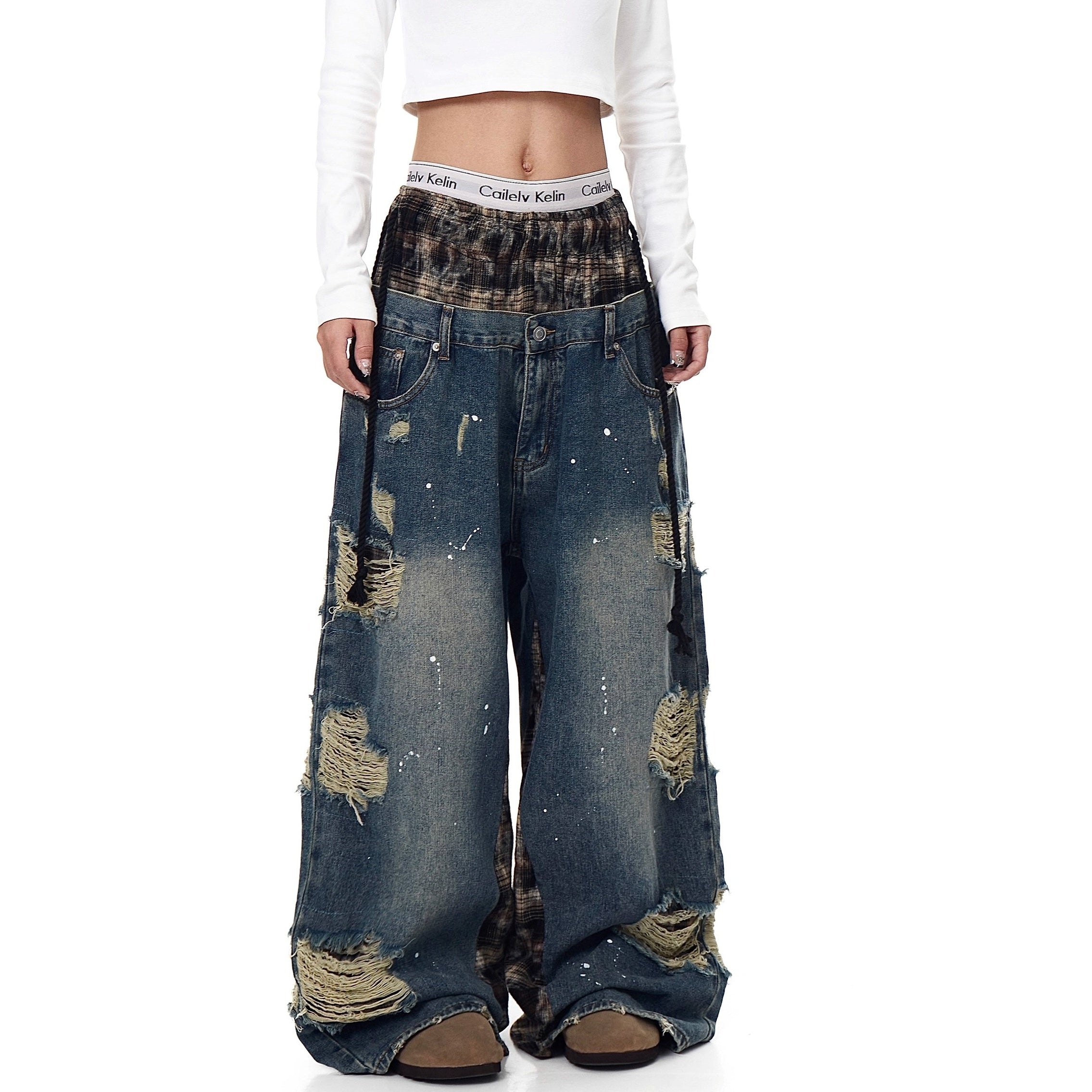 Double Waist Splicing Ripped Curve Jeans MW10273