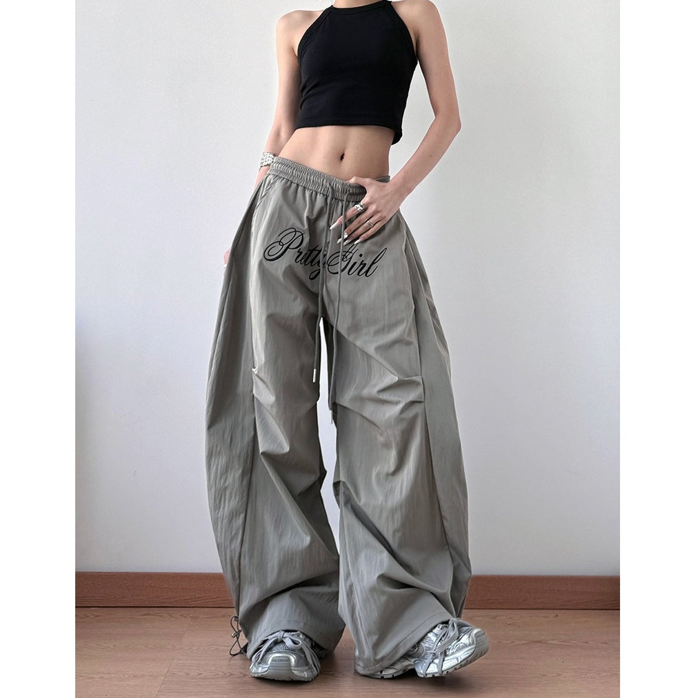 Letter Embroidery Pleated Paratrooper Curve Pants MW10169