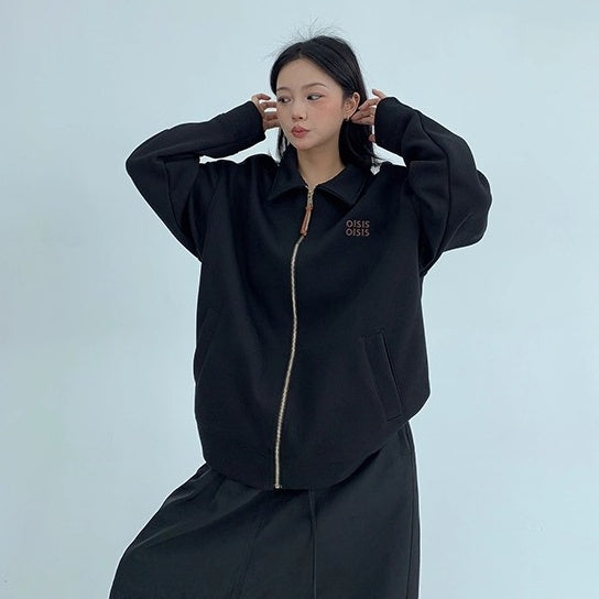 Drop Shoulder Embroidered Lapel Sweat Jacket OS2040