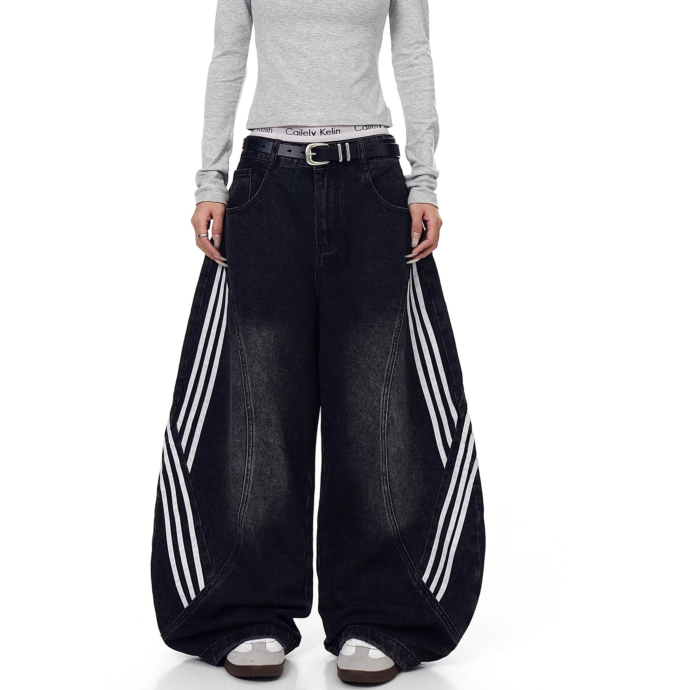 Striped Patchwork Washed Scimitar Jeans BK7031