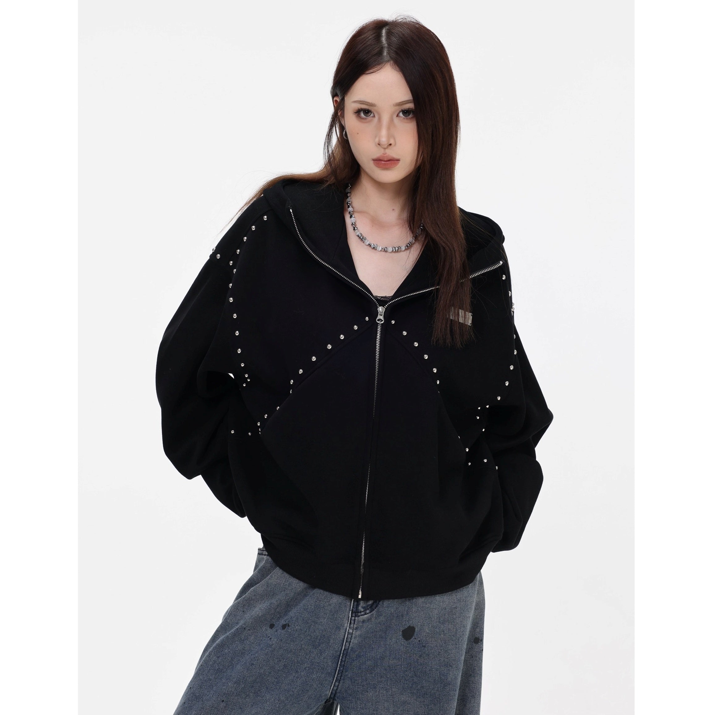 Stitched Rivet Zipper Hooded Jacket IN7016
