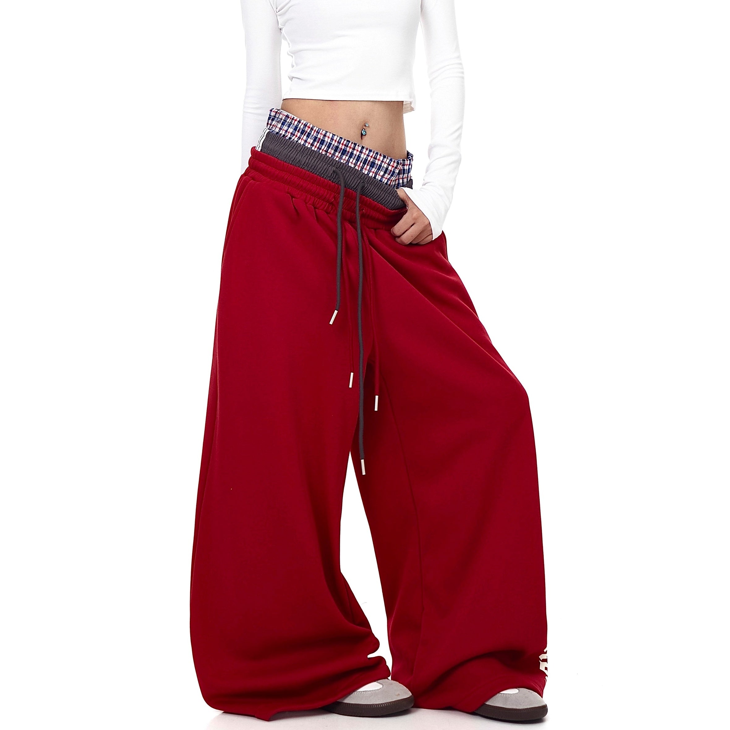 Triple-waist Patchwork Letter Drawstring Sweat Pants BK7063