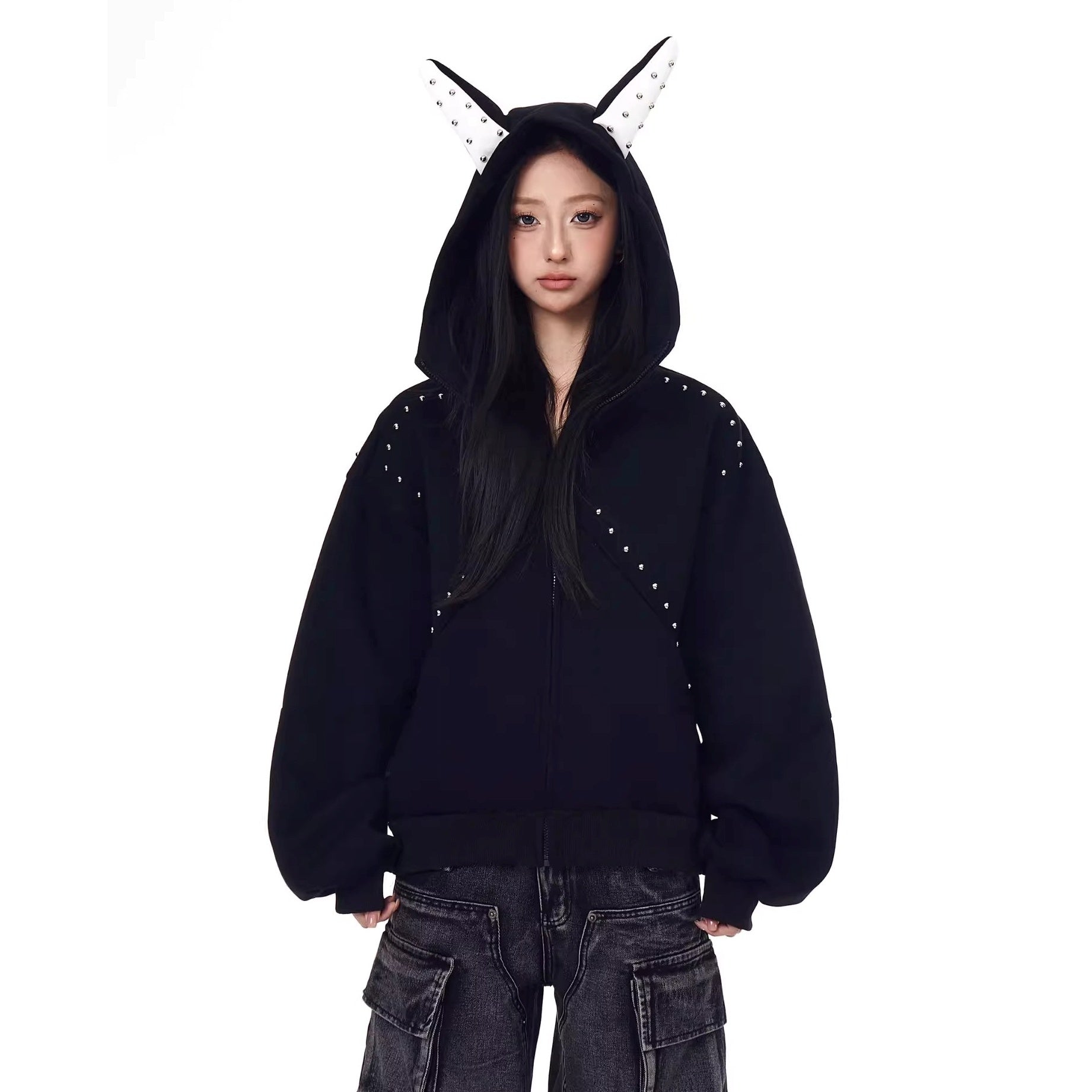 Doberman Pinscher Ears Rivet Hooded Jacket BK7024