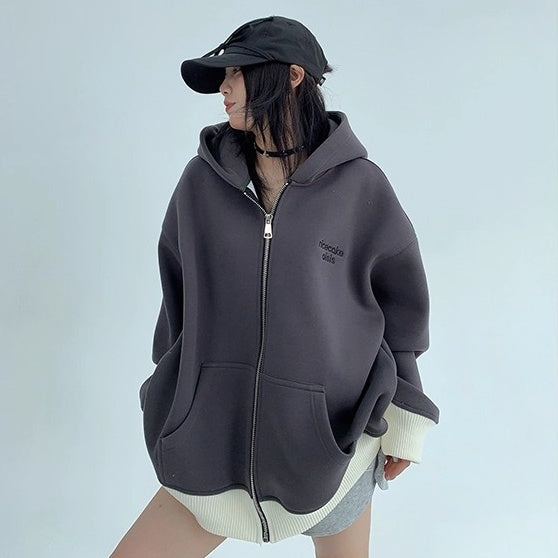 Contrast Embroidery Zip Hooded Jacket OS2043