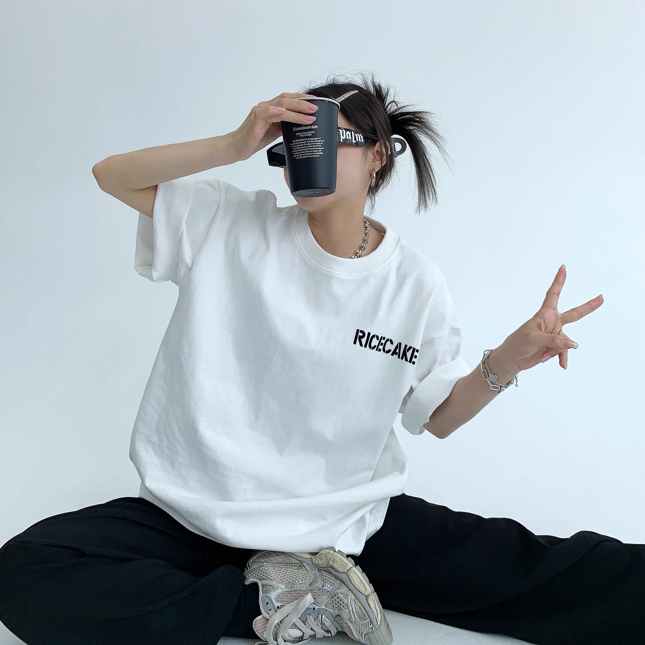 Simple Flocking Print Loose T-shirt OS2006
