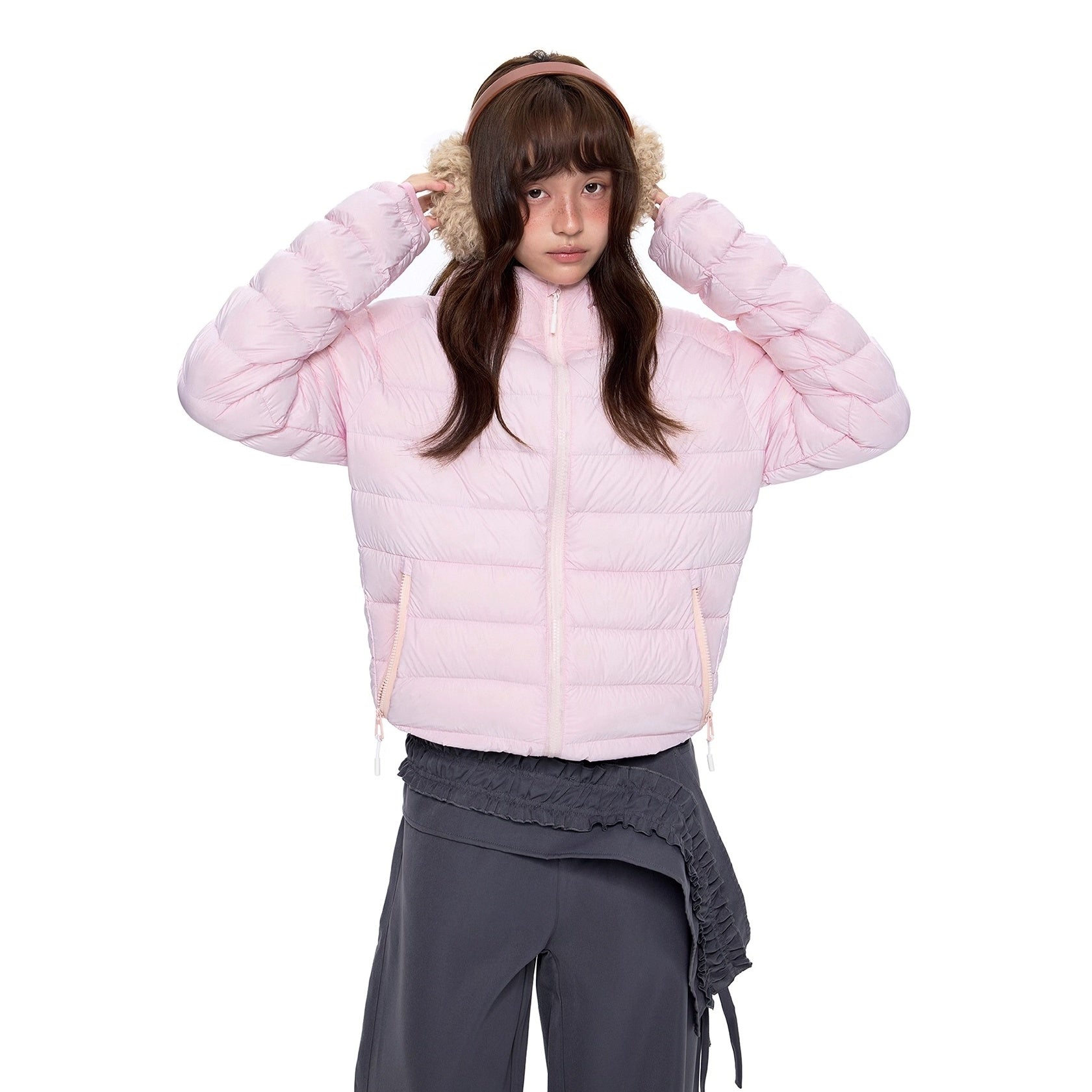 Rib Print Hooded Light Down Jacket EZ247