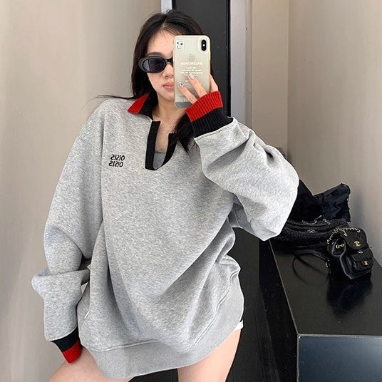 Contrast Polo Collar Loose Sweat OS2045