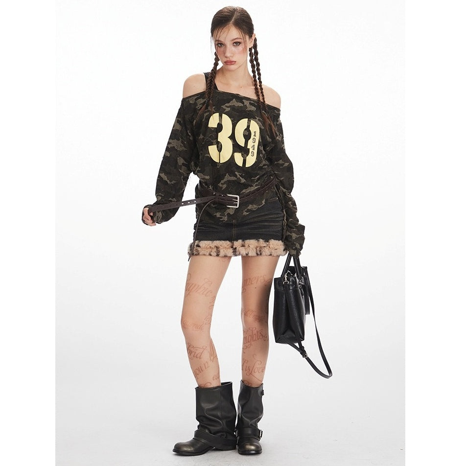 Camouflage Off-the-Shoulder Long Sleeve T-Shirt NR7005