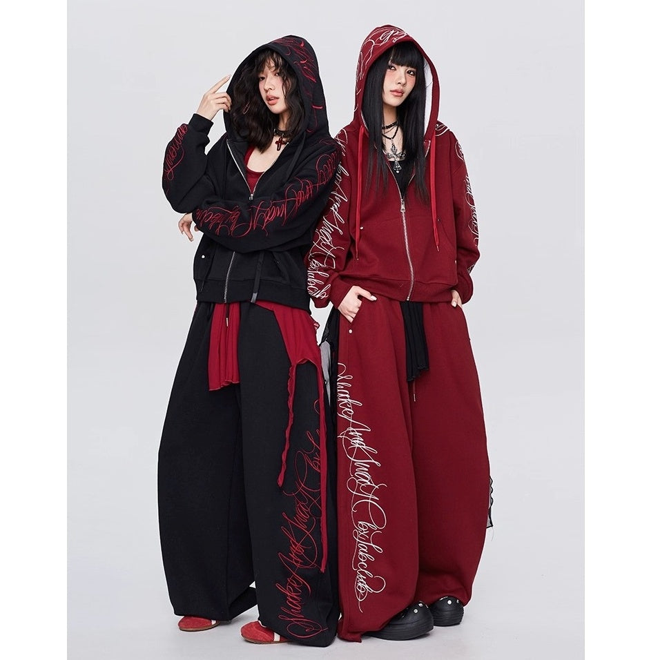 【上下別売り】Gothic Letter Embroidery Hooded Sweat Parka & Pants Set-up CB1001