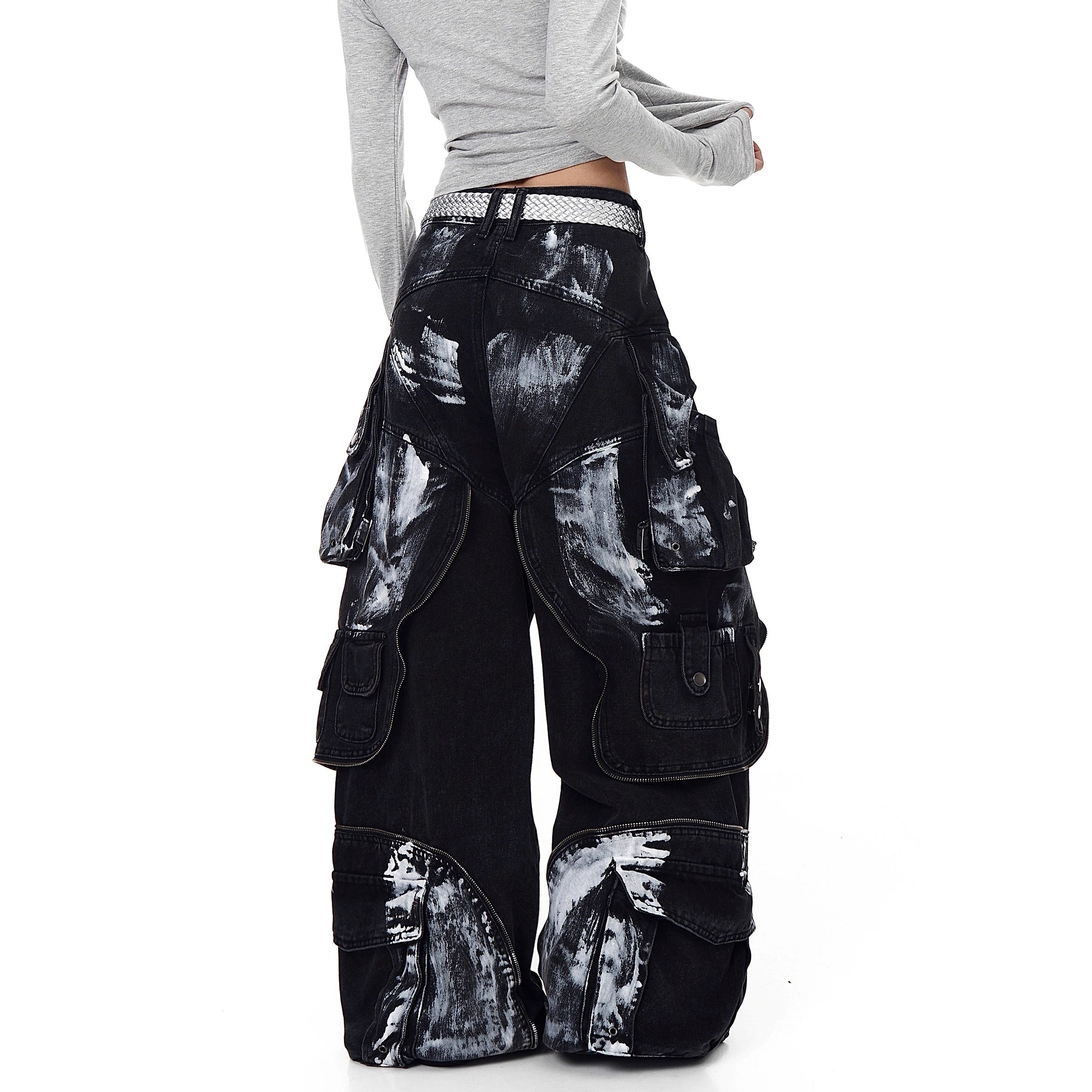 Dirty Worn Zipper Splicing Cargo Jeans BK7043