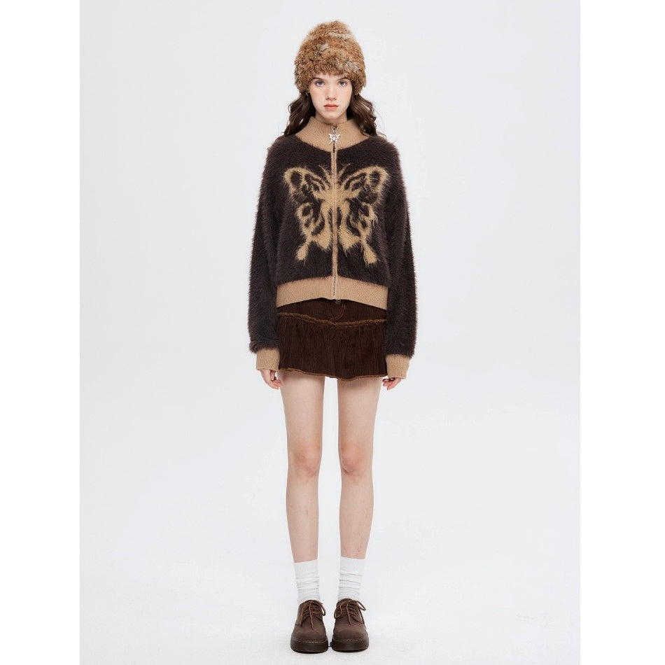 Stand Collar Butterfly Embroidered Cardigan NR7004