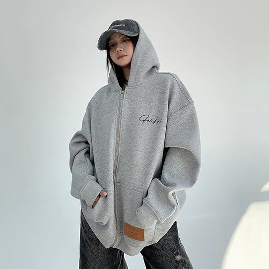 Back Letter Embroidery Hooded Jacket OS2051