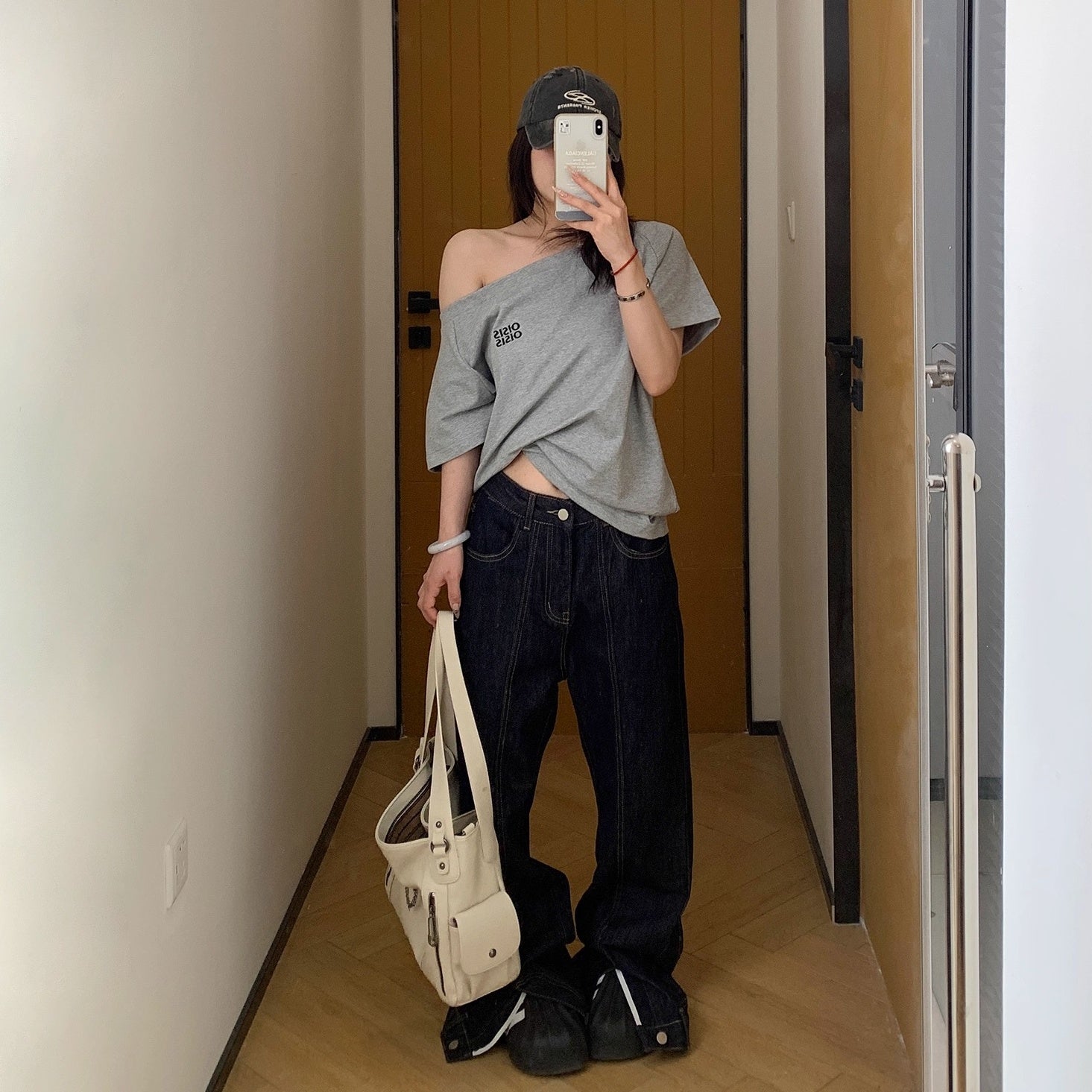 Cropped Slanted Shoulder Embroidered T-shirt OS2017