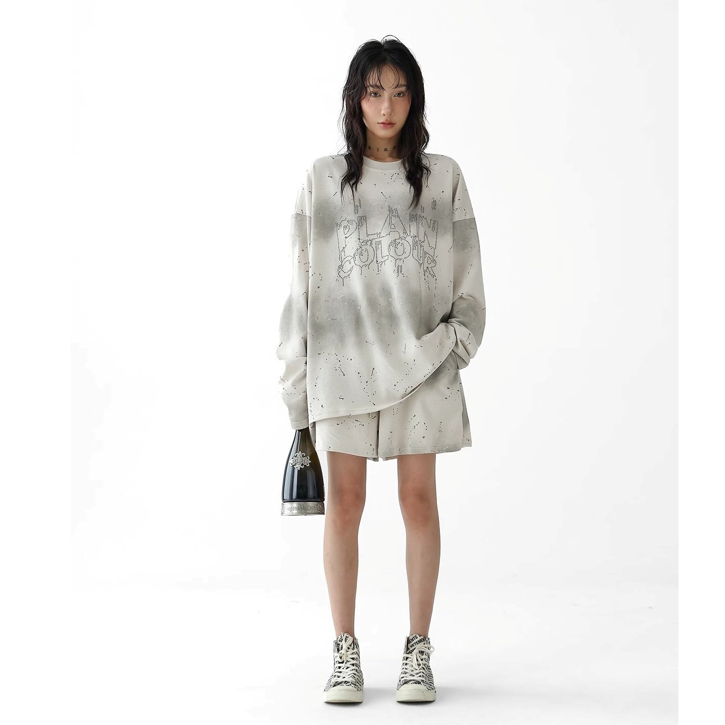 【上下別売り】2Length Rhinestone Tie-Dye T-Shirt & Loose Sweatpants Set-up AC7114