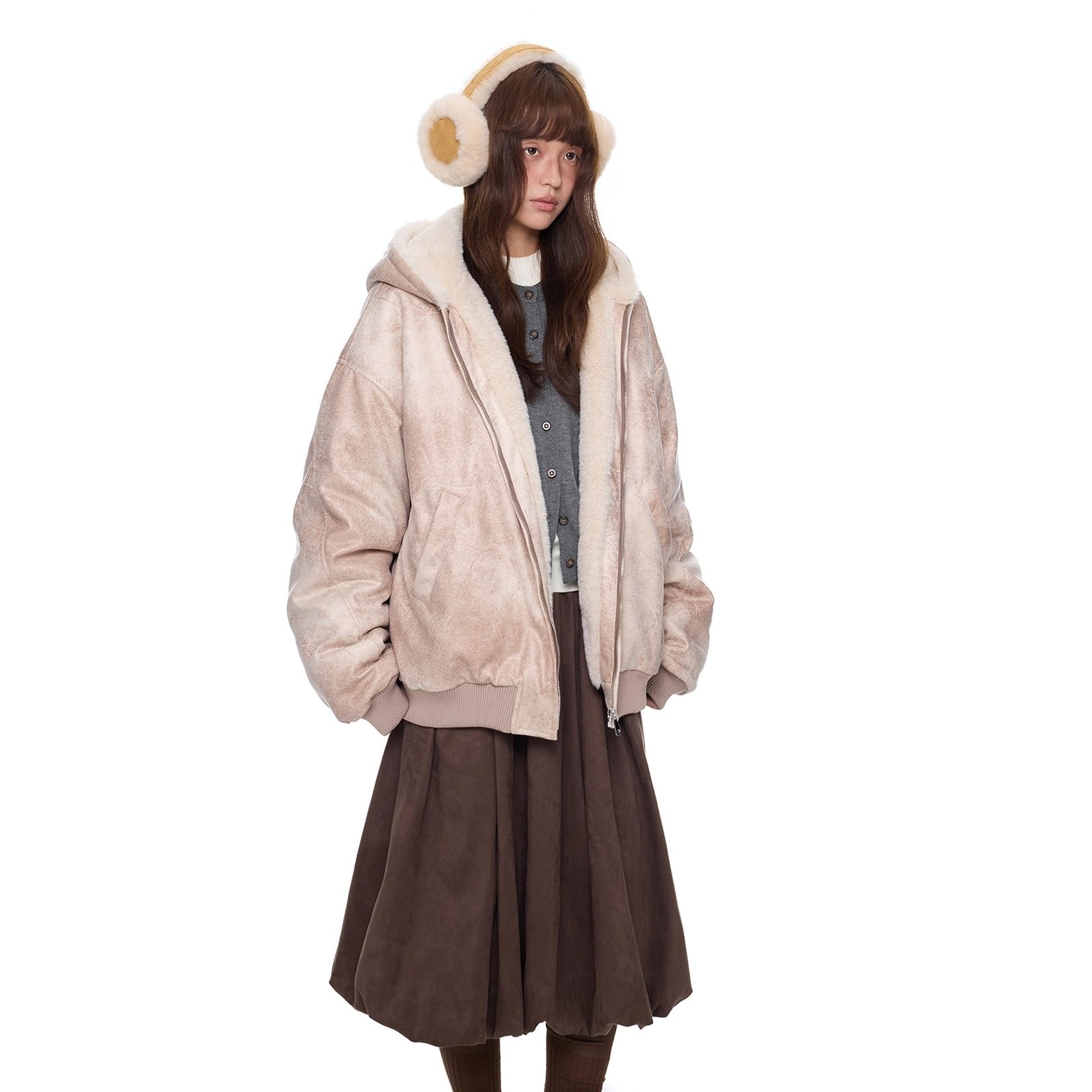 Furry Hooded PU Leather Loose Jacket EZ288