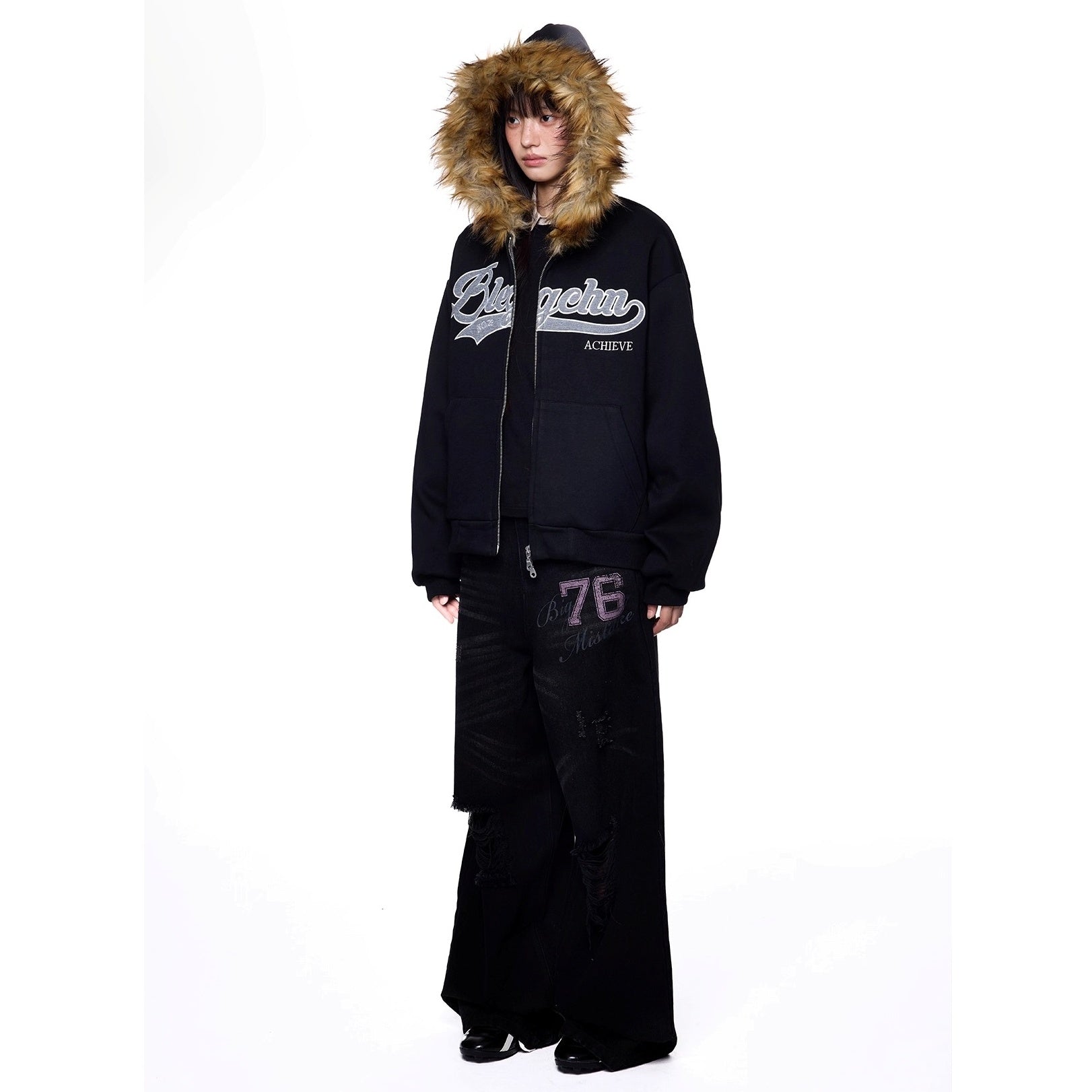 Monogram Embroidered Fur Collar Hooded Sweat Jacket EZ262
