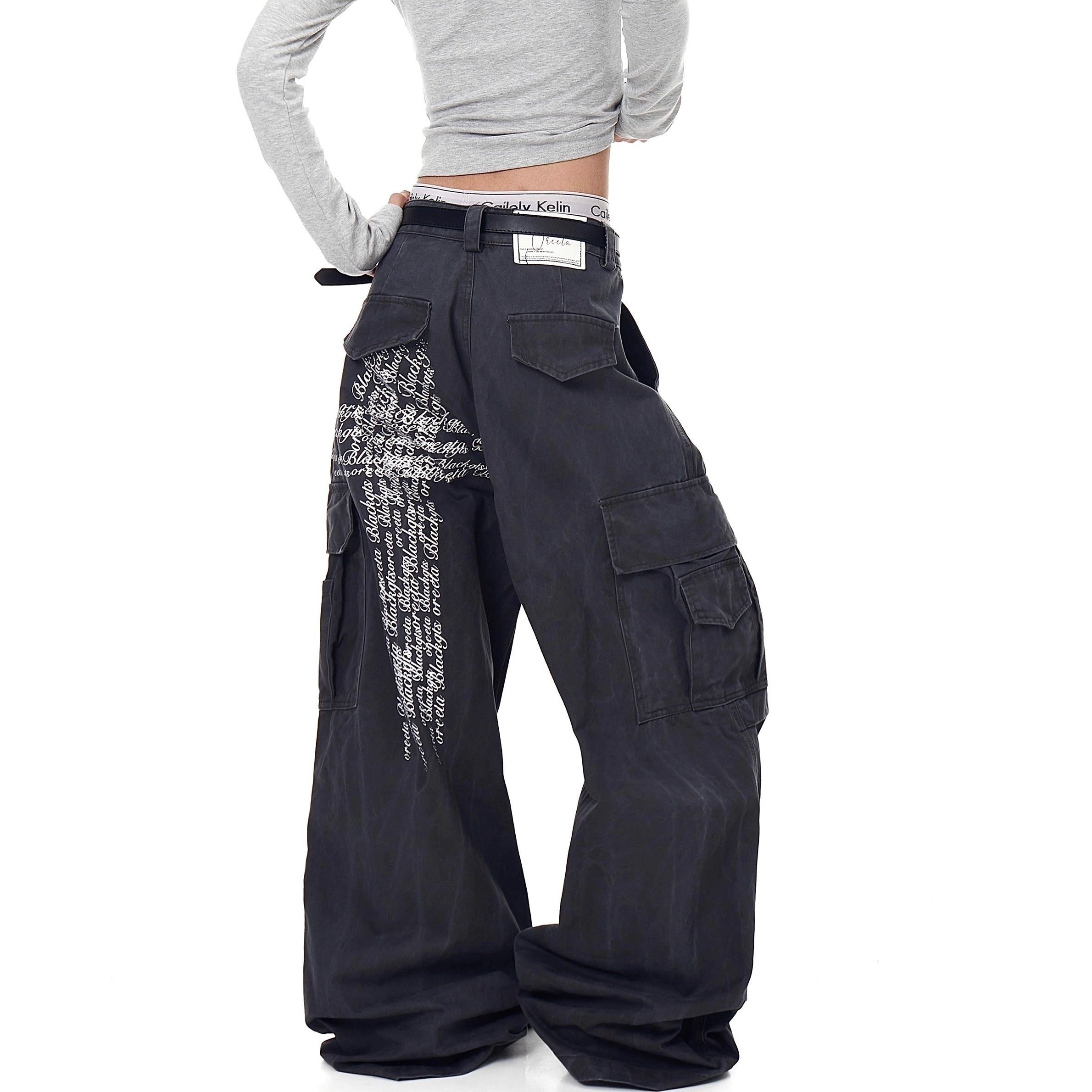 Washed Pleated Letter Print Cargo Pants BK7013