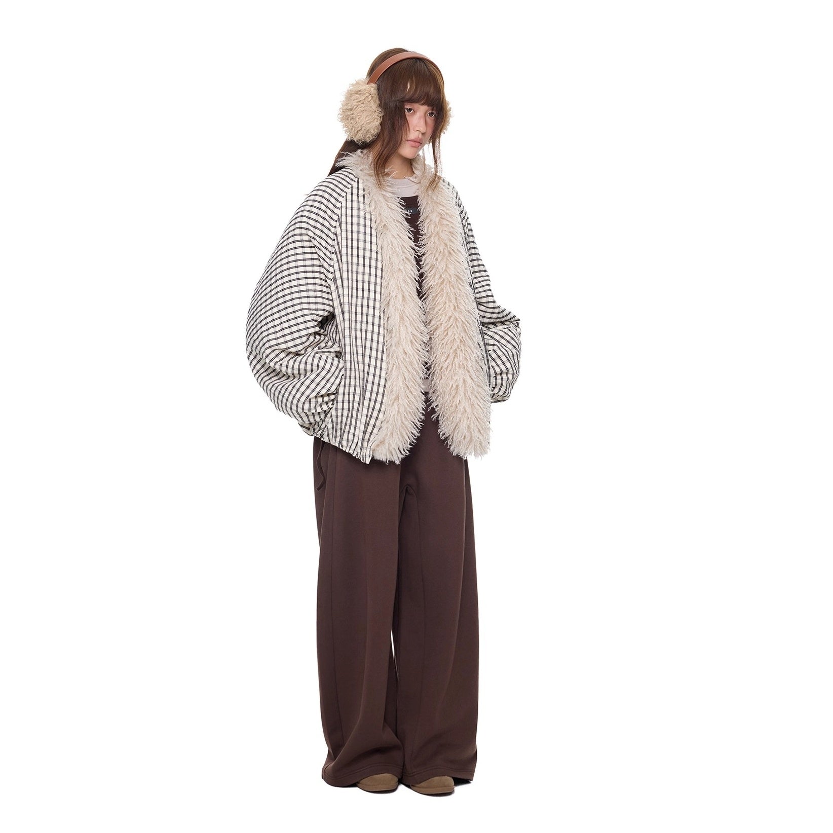 Plaid Fur No-Collar Padded Jacket EZ292