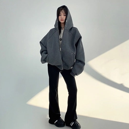 Switching Design Loose Zip Hooded Jacket OS2031