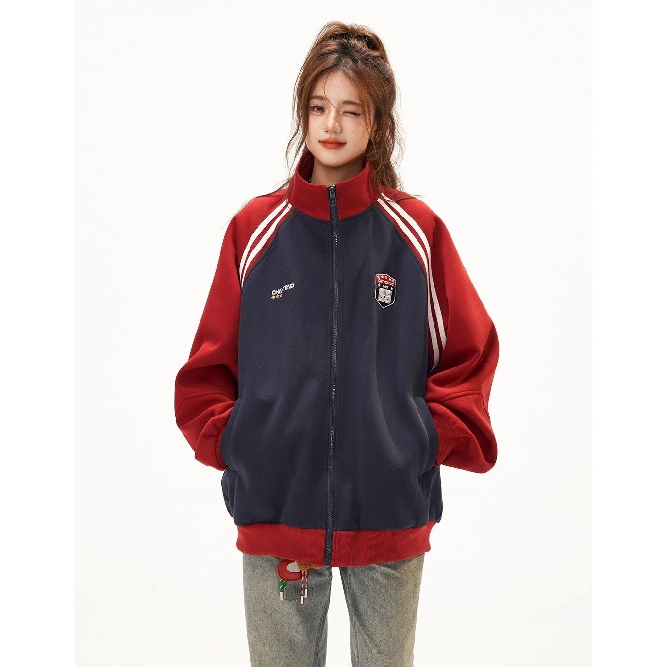 Stand-Collar Raglan Color-blocked Sweat Jacket CA7010