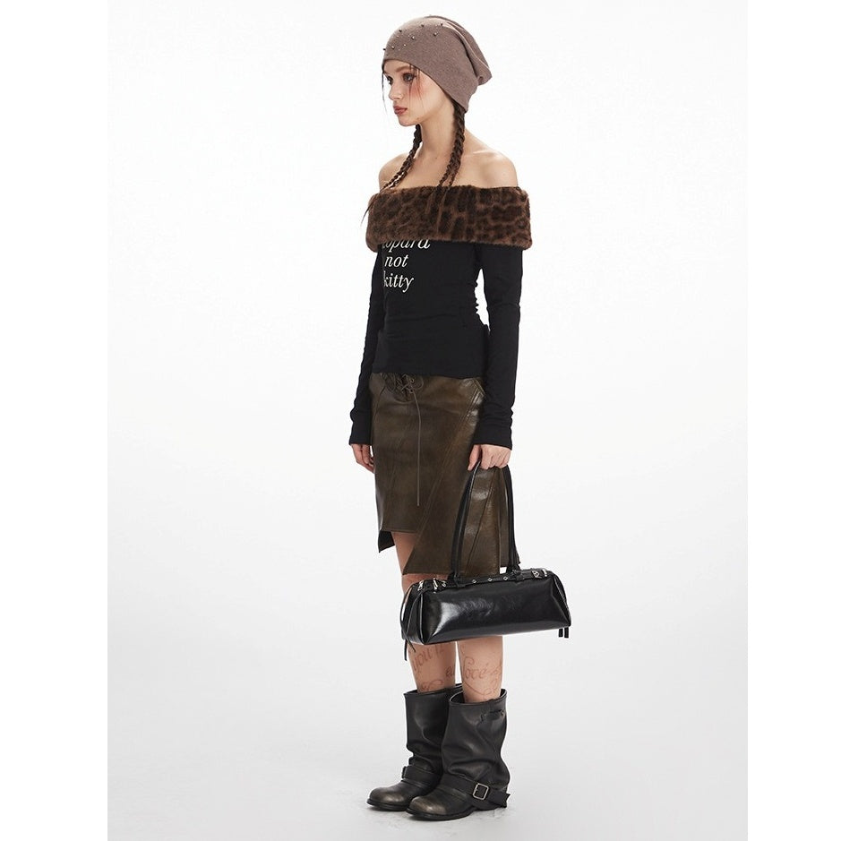 Leopard Fake Fur Off-Shoulder Slim Cutsew NR7008