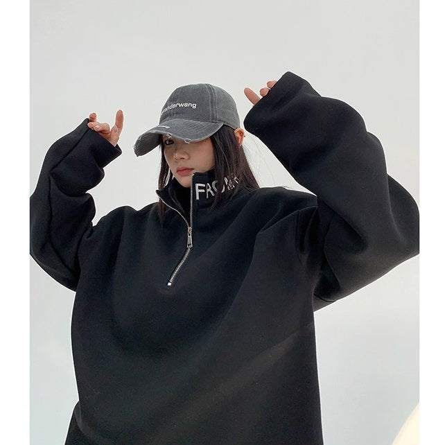 Embroidered Stand Collar Half-Zip Sweat OS2053