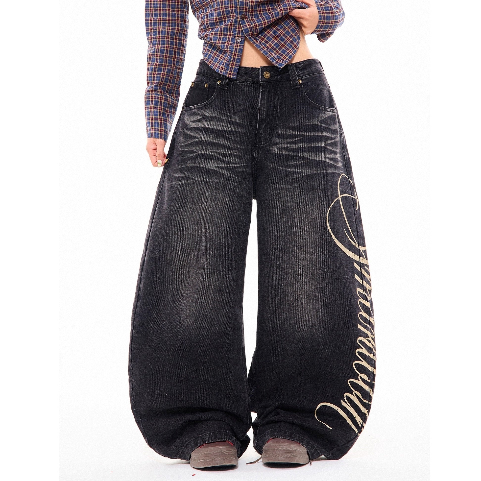 Side Print Washed Cat Whiskers Curve Jeans MW10259