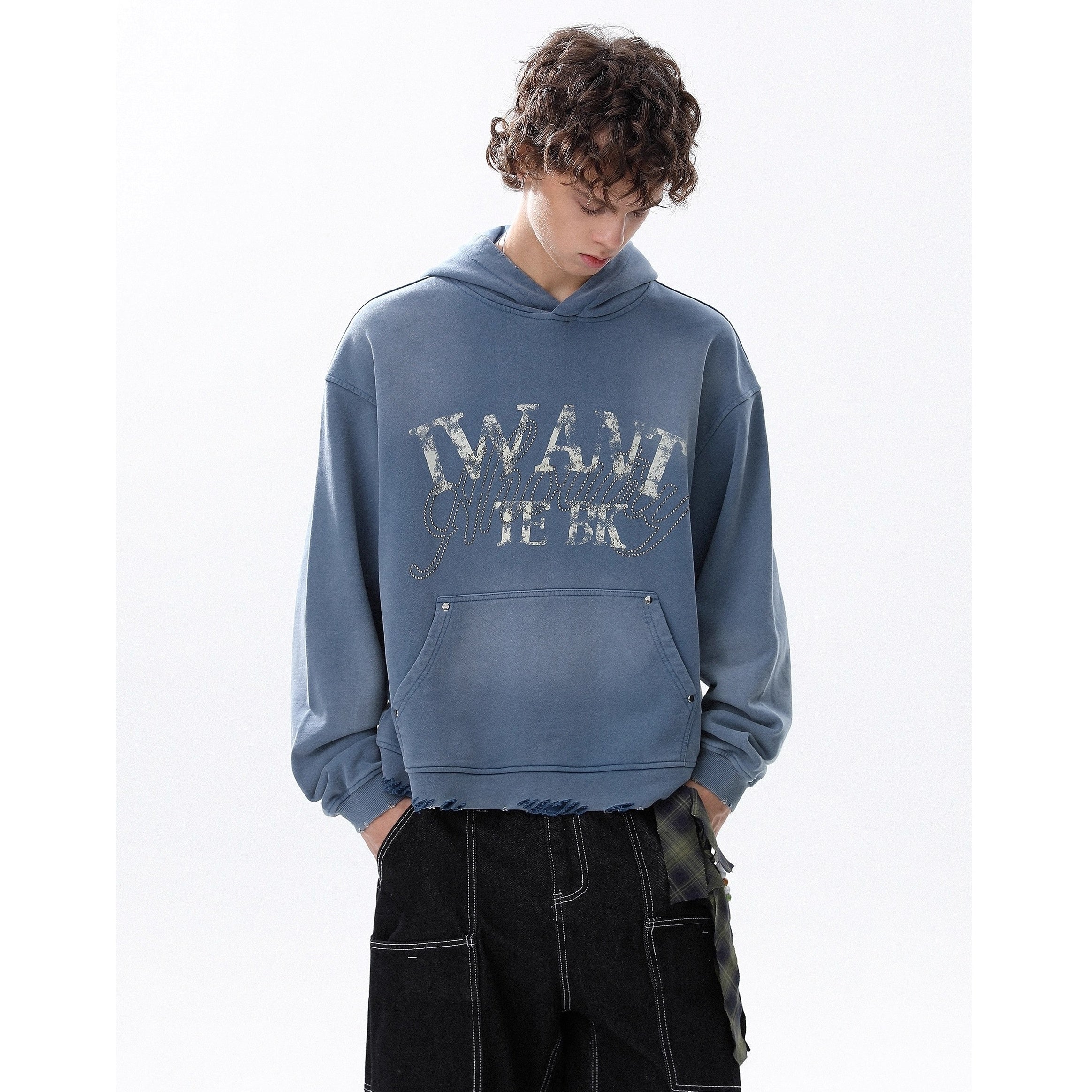 RhineStone Letter Print Damage Hoodie MR8025