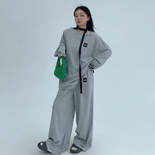 【上下別売り】Tag Design Long-sleeved T-shirt & Loose Casual Pants Set-up OS2033