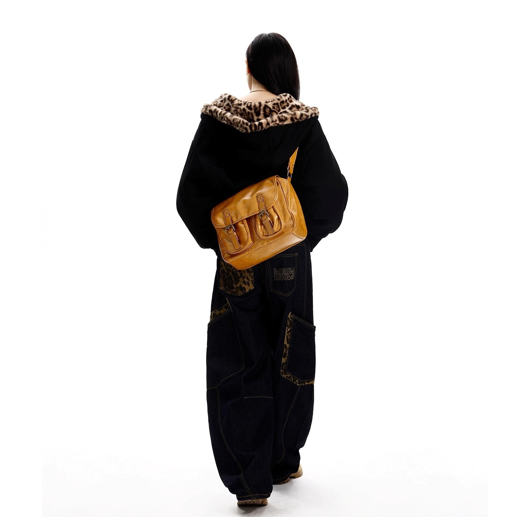 Leopard Print Stitching Large Pocket Design Curve Jeans MW10300