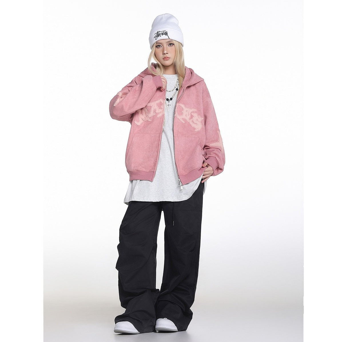 Embroidered Zipper Suede-Like Sweat Parka MW10391