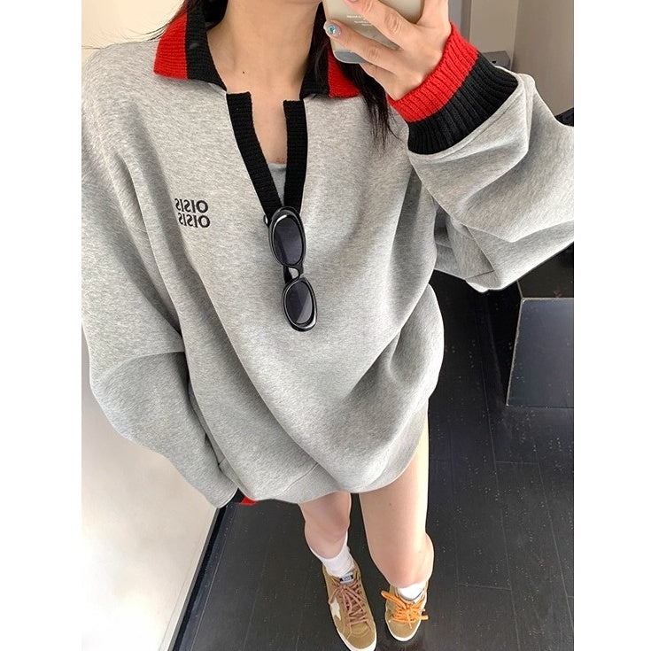 Contrast Polo Collar Loose Sweat OS2045