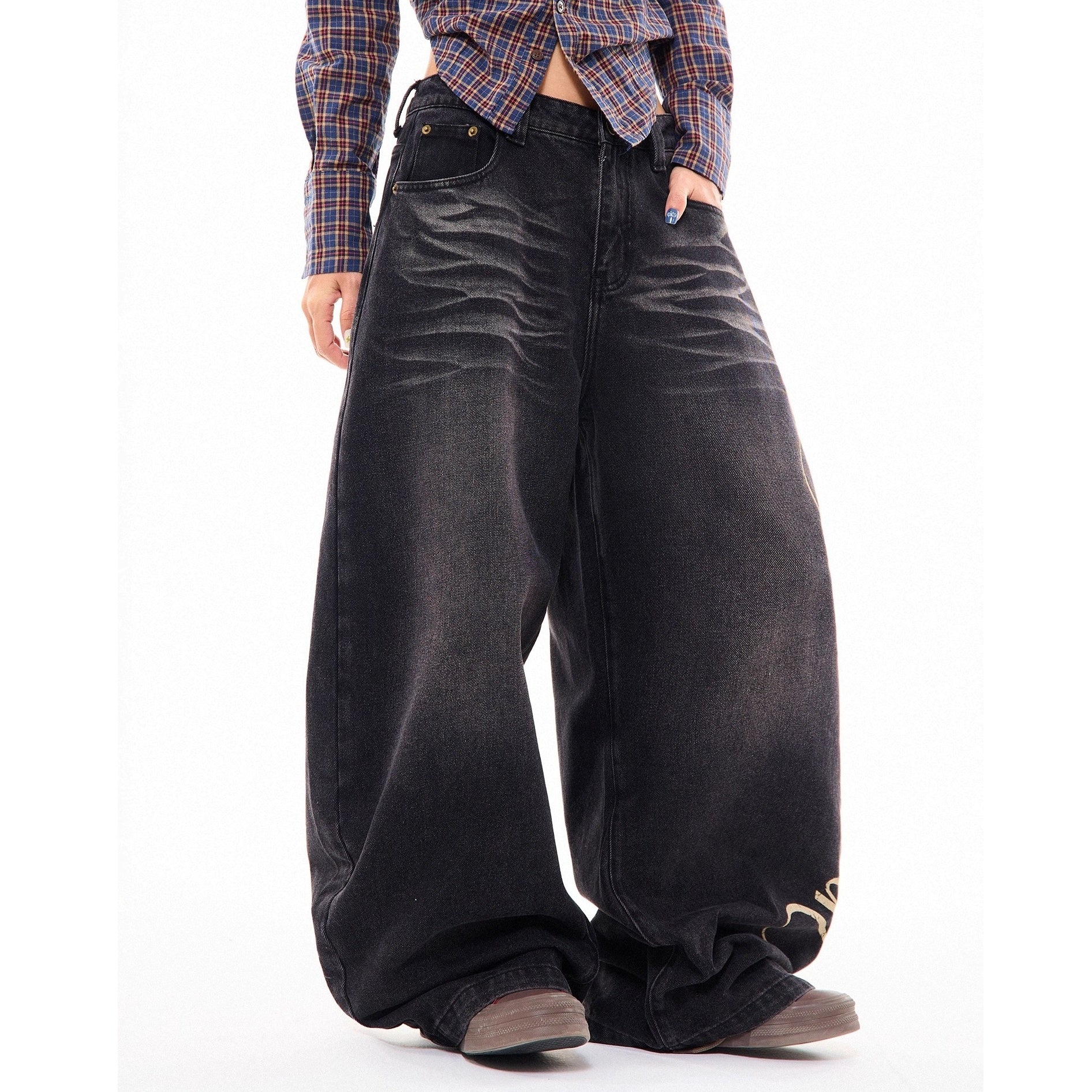 Side Print Washed Cat Whiskers Curve Jeans MW10259