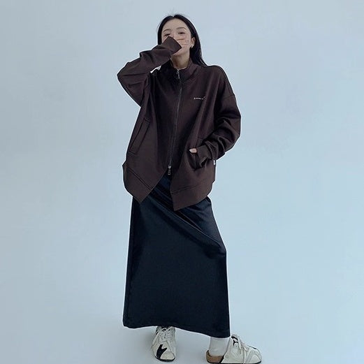 Double Zipper Stand Collar Loose Jacket OS2041