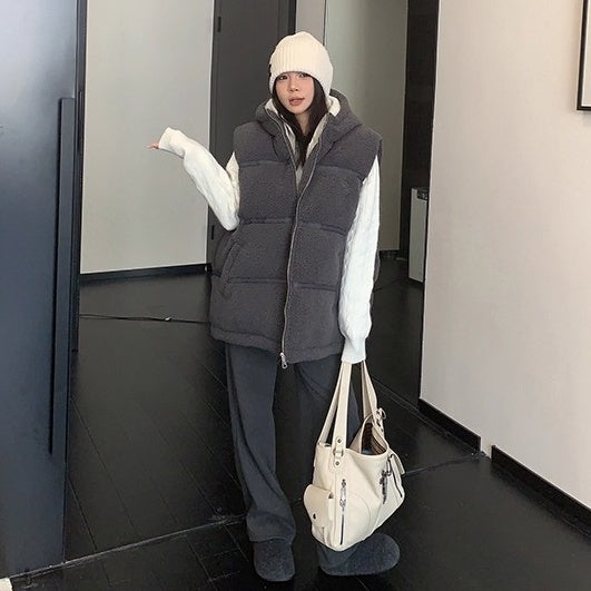 Loose Hooded Boa Padded Vest OS2073