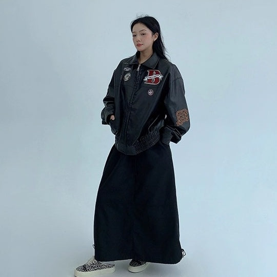 Vintage PU Leather Loose Embroidered Jacket OS2028