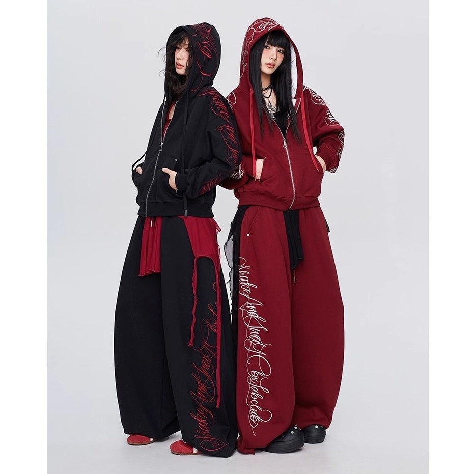 【上下別売り】Gothic Letter Embroidery Hooded Sweat Parka & Pants Set-up CB1001