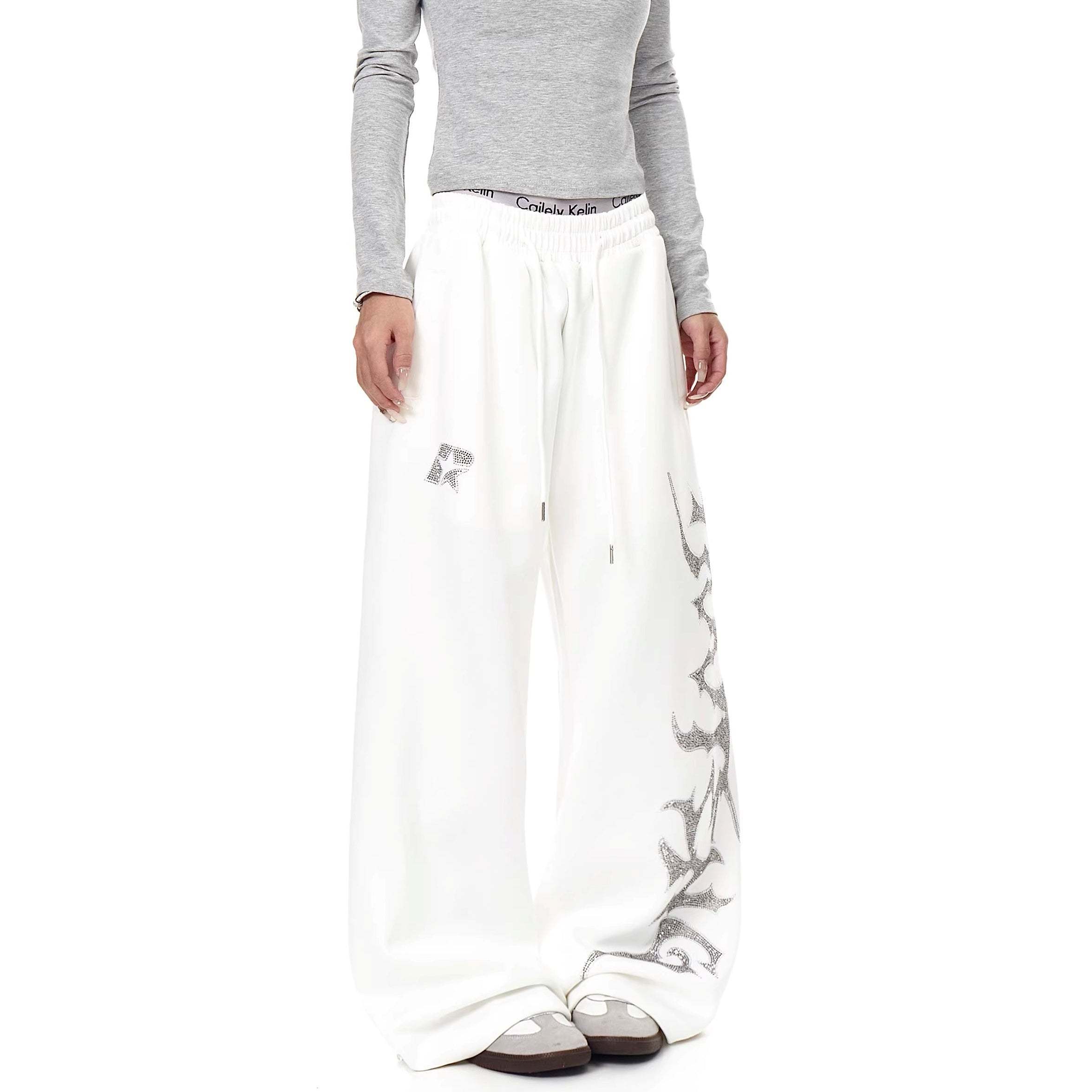 Rhinestone Letter Loose Wide-leg Sweat Pants MW10329