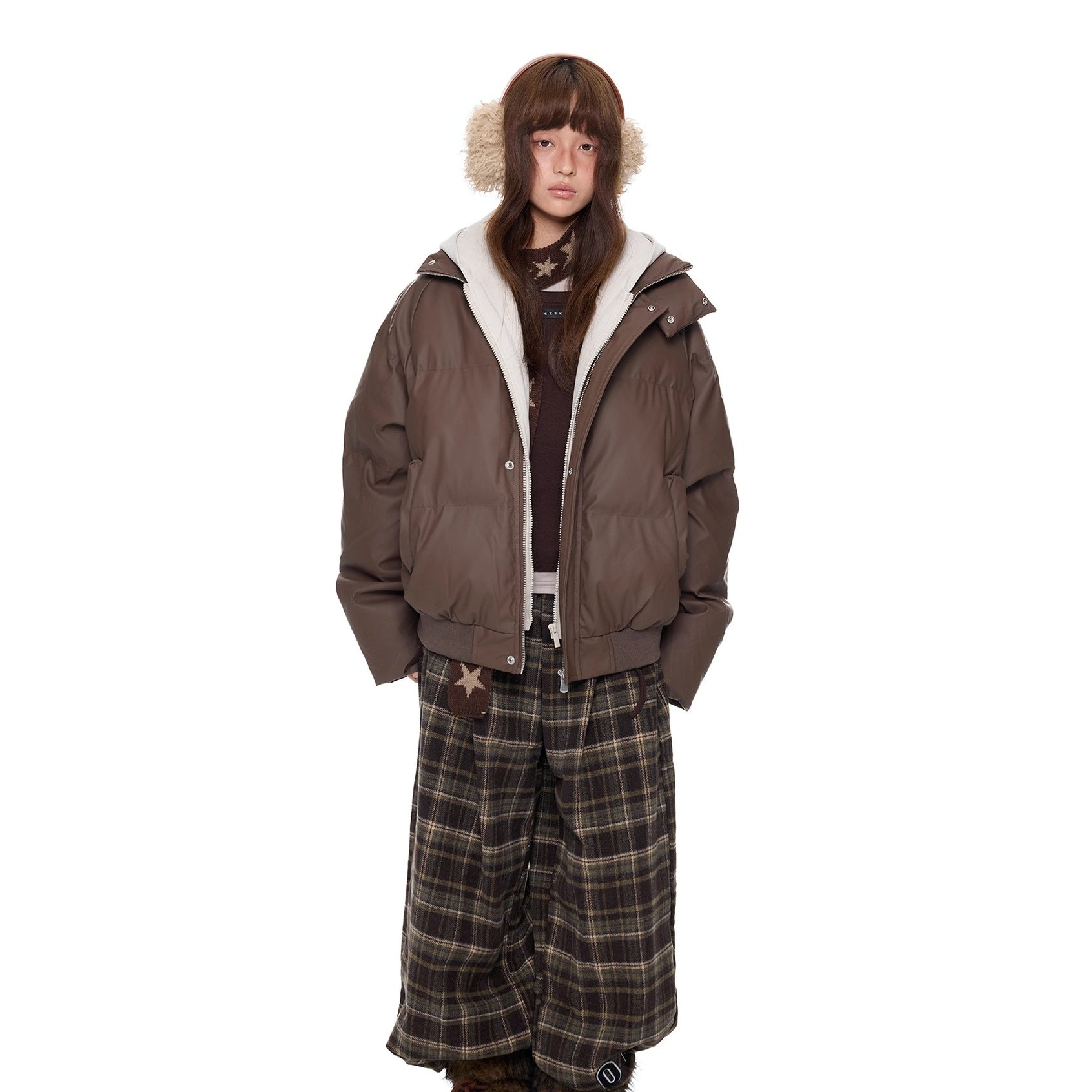 Contrast Color Hooded PU Leather Jacket EZ286