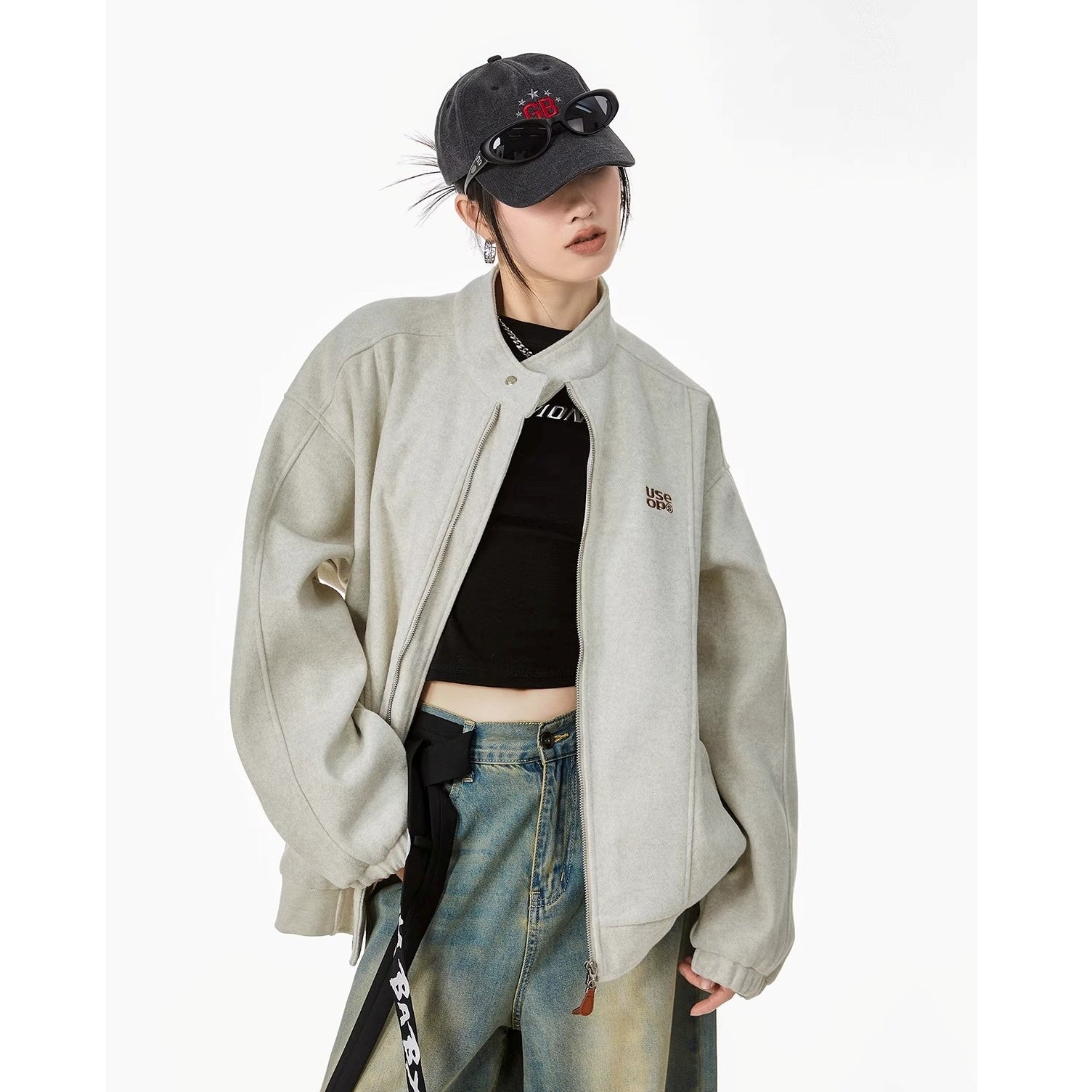 Embroidered Stand Collar Zip Jacket IC9119