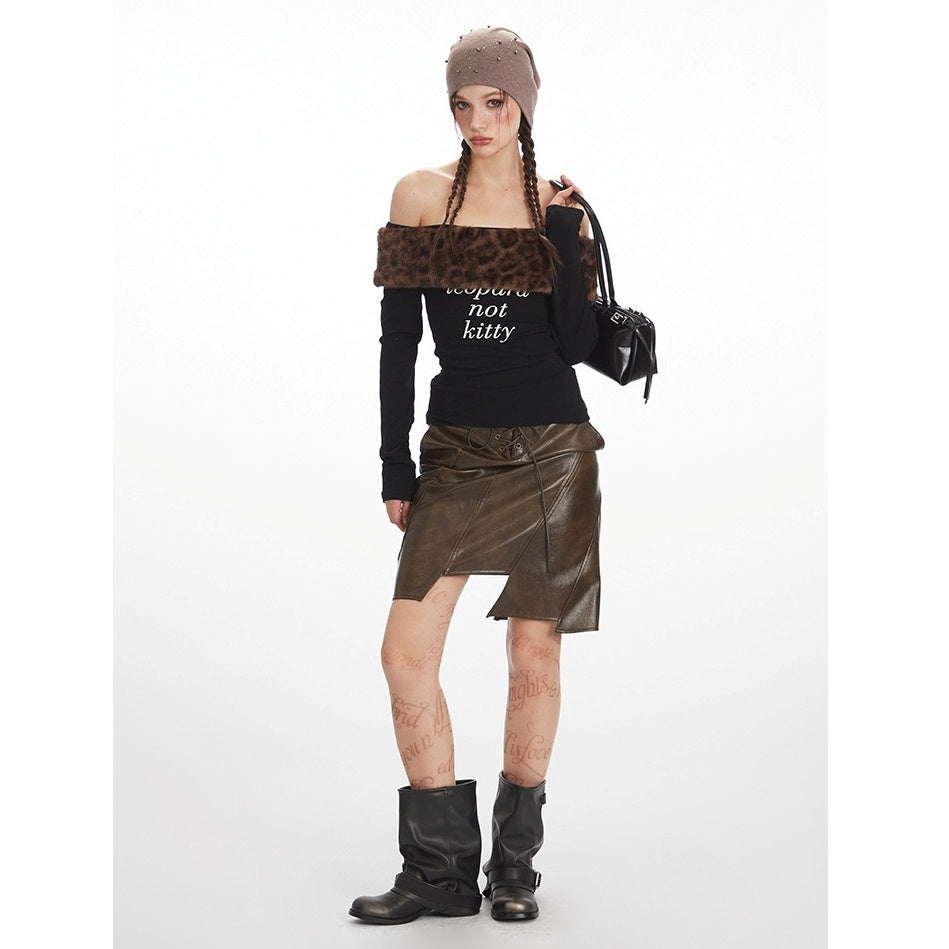 Leopard Fake Fur Off-Shoulder Slim Cutsew NR7008