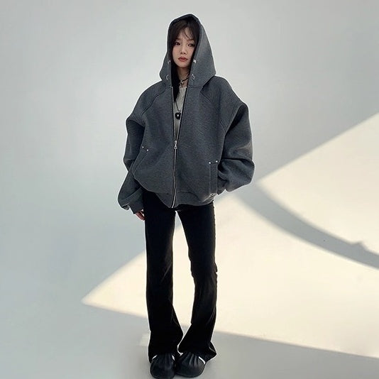 Switching Design Loose Zip Hooded Jacket OS2031
