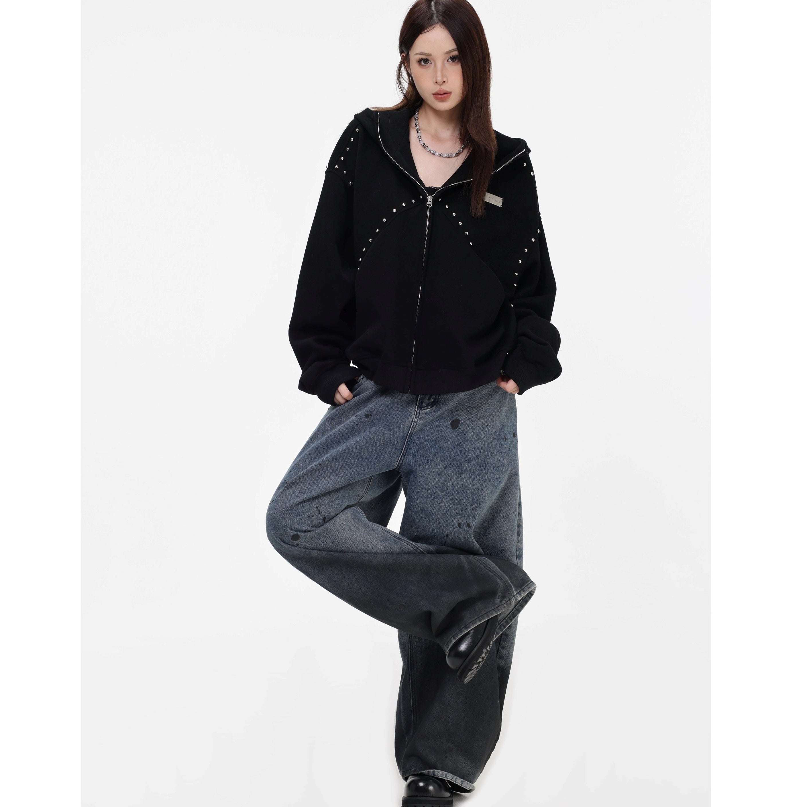 Stitched Rivet Zipper Hooded Jacket IN7016