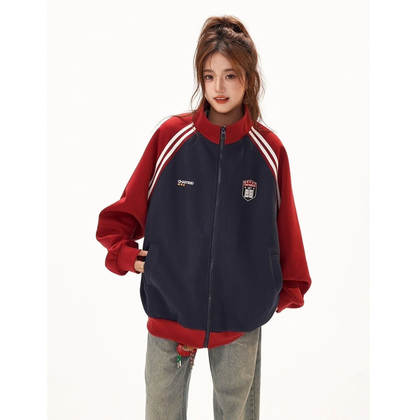 Stand-Collar Raglan Color-blocked Sweat Jacket CA7010