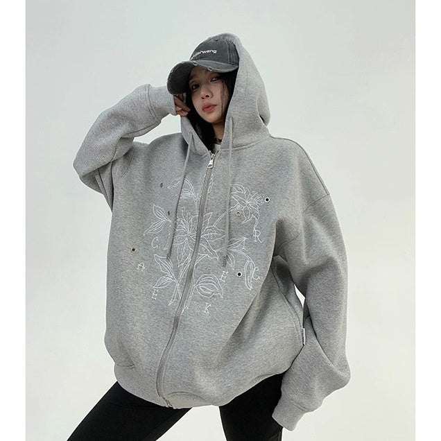 Flower Embroidered Loose Hooded Jacket OS2050