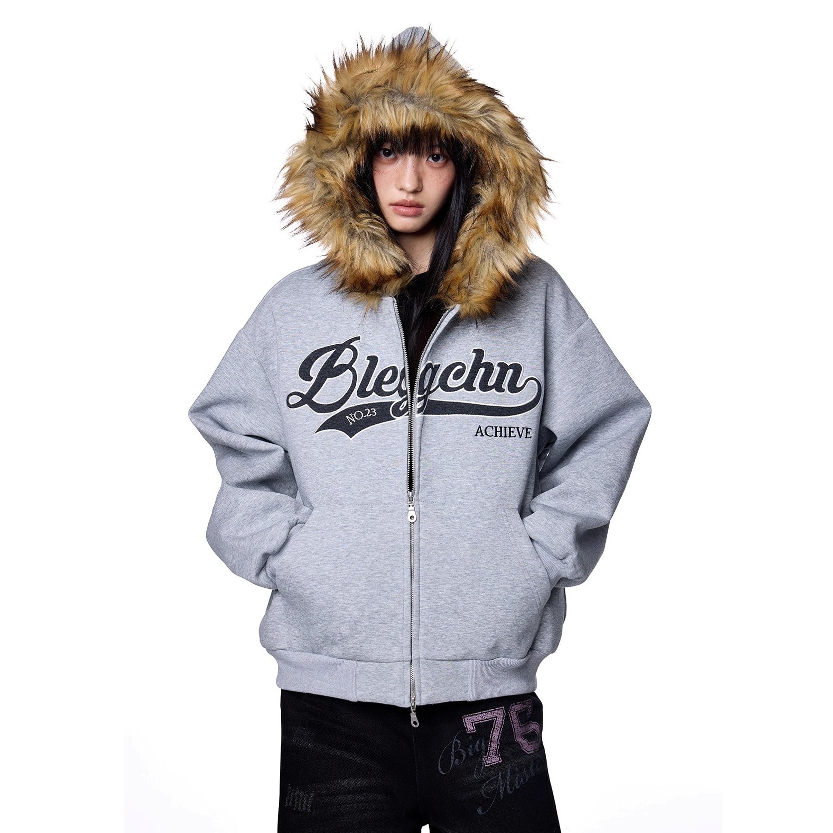 Monogram Embroidered Fur Collar Hooded Sweat Jacket EZ262
