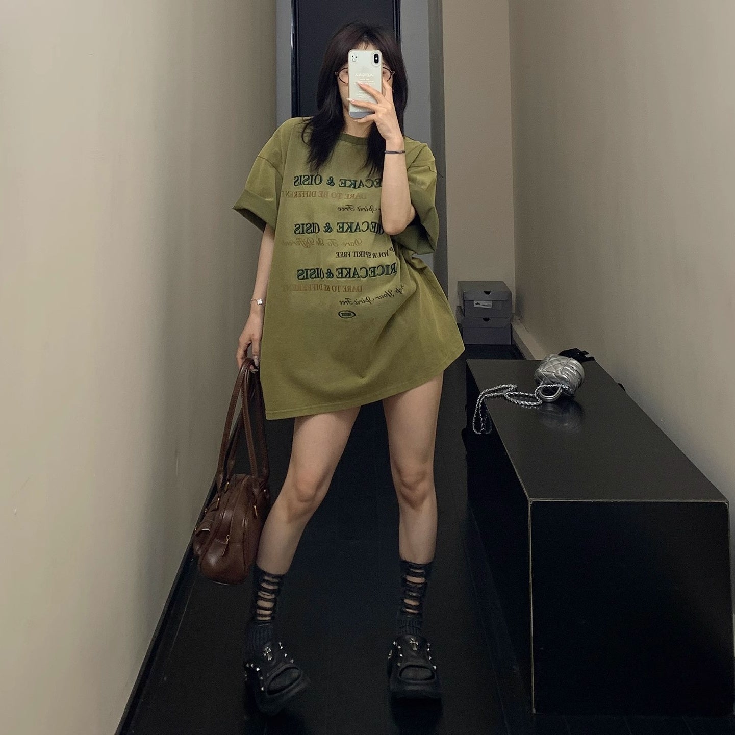 Old Letter Embroidery Loose Washed T-shirt OS2010