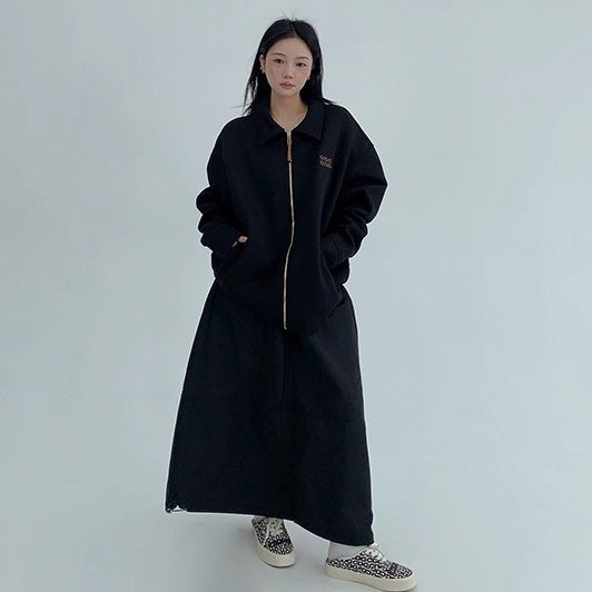 Drop Shoulder Embroidered Lapel Sweat Jacket OS2040