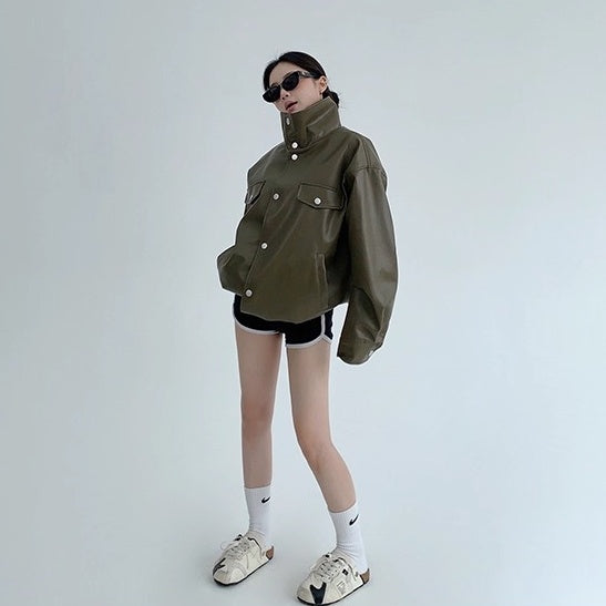 High-Neck PU Leather Jacket OS2046