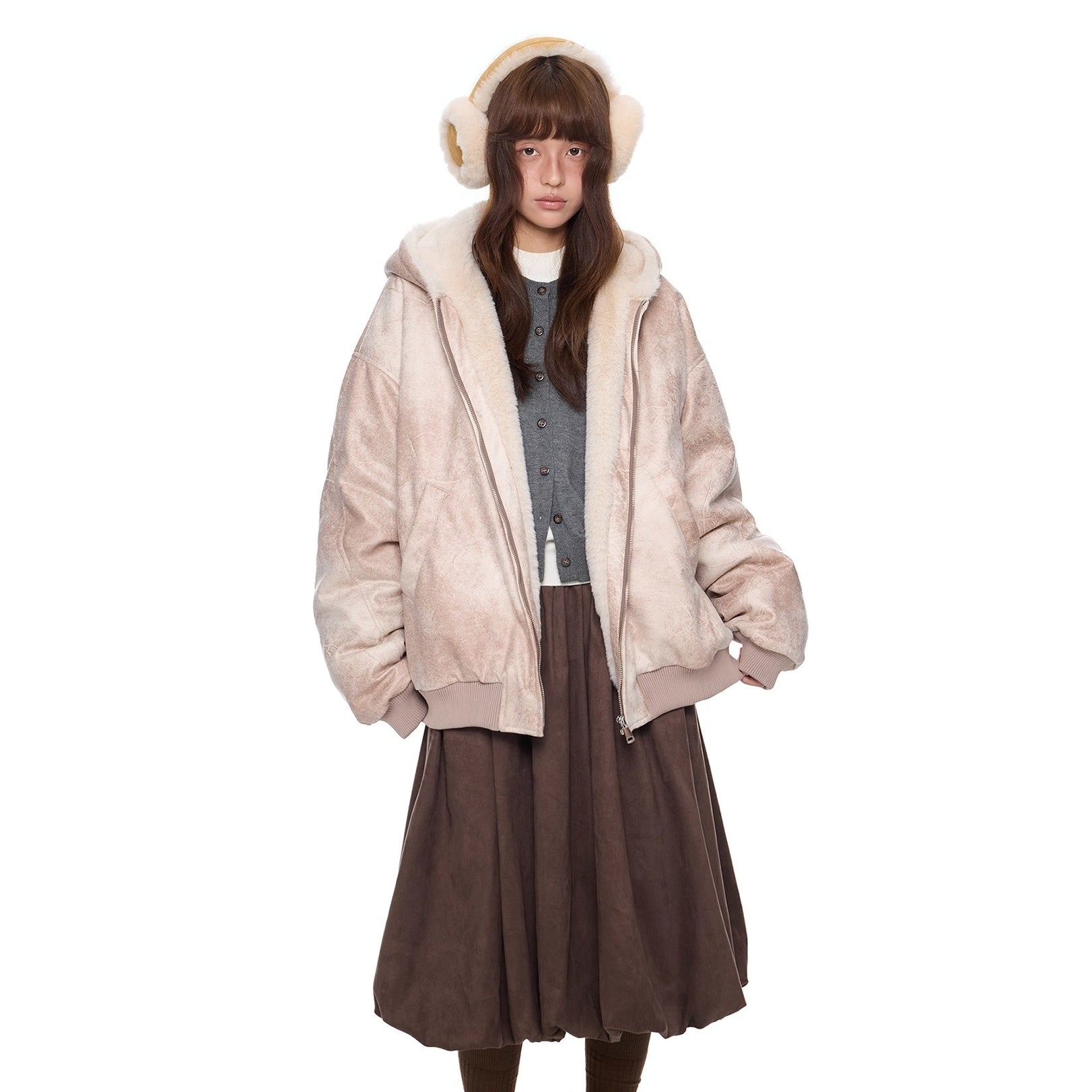 Furry Hooded PU Leather Loose Jacket EZ288